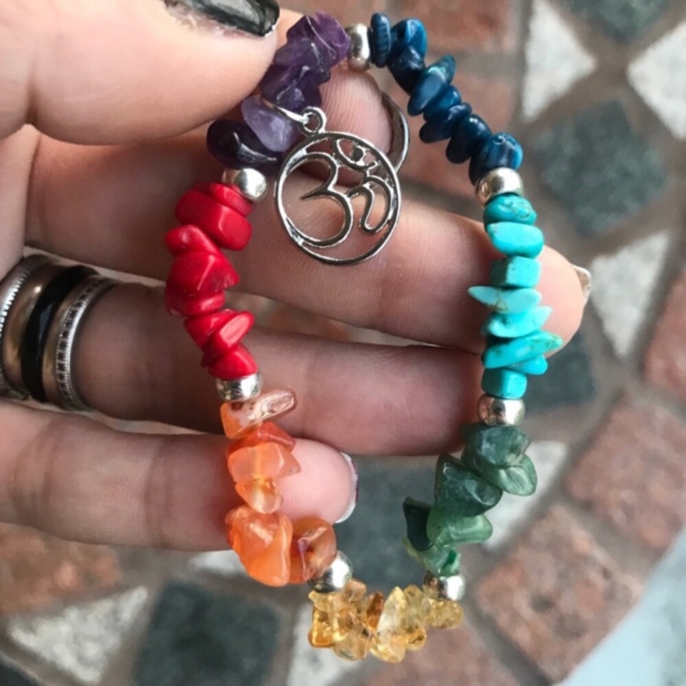 Genuine gemstones chips om sign 7 chakra bracelet
